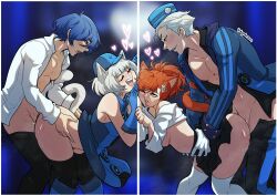 Rule 34 | 2boys, 2girls, animal ears, ass, bent over, blue hair, boots, cat ears, cat tail, elizabeth (persona), highres, kinkymation, multiple boys, multiple girls, persona, persona 3, persona 3 portable, red hair, sex, shiomi kotone, short hair, tail, theodore (persona), thighhighs, thighhighs under boots, velvet room, white hair, yuuki makoto (persona 3)