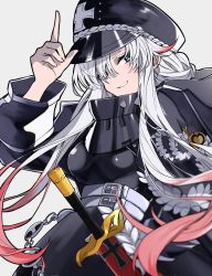 Rule 34 | 1girl, azur lane, black coat, black hat, blue eyes, blush, breasts, coat, commission, cross, grey background, hair over one eye, hat, highres, index finger raised, iron cross, large breasts, long hair, long sleeves, looking at viewer, multicolored hair, odin (azur lane), open clothes, open coat, parted lips, peaked cap, red hair, salty (sio to sato), sheath, sheathed, sidelocks, simple background, skeb commission, solo, streaked hair, sword, upper body, weapon, white hair