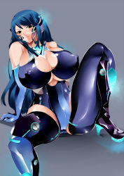 Rule 34 | 1girl, bare shoulders, blue hair, bodysuit, bolt, boots, breasts, cameltoe, cleavage, closed mouth, covered erect nipples, elbow gloves, female focus, gloves, glowing, green eyes, grey background, head tilt, headgear, high heels, highleg, huge breasts, knee up, large breasts, legs, leotard, long hair, looking at viewer, original, shinoji (shin status), shoes, simple background, sitting, smirk, solo, spread legs, thigh boots, thighhighs