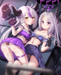 Rule 34 | 2girls, absurdres, ahoge, animal print, ass, bare shoulders, bear panties, bear print, bird, black gloves, black panties, blue archive, braid, breasts, collarbone, commentary request, crow, crow (la+ darknesss), demon horns, embarrassed, frills, gloves, halo, highres, hina (blue archive), hololive, horns, kneeling, la+ darknesss, long hair, look-alike, looking at viewer, lying, midriff, multicolored hair, multiple girls, navel, on back, panties, print panties, purple eyes, purple hair, purple skirt, silver hair, skirt, streaked hair, striped horns, sugiru, thigh strap, trait connection, underwear, virtual youtuber, white panties, yellow eyes