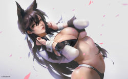 Rule 34 | 1girl, alternate costume, animal ears, arm support, artist name, atago (azur lane), atago (stunning speedster) (azur lane), azur lane, bad id, bad pixiv id, bikini, black bikini, black hair, black thighhighs, breasts, brown eyes, cleavage, closed mouth, commentary, curvy, dutch angle, extra ears, g-tz, grey background, hair ribbon, hands up, highleg, highleg bikini, jacket, large breasts, logo, long hair, looking at viewer, mole, mole under eye, navel, parted lips, petals, race queen, red lips, ribbon, shrug (clothing), sidelocks, simple background, skindentation, sleeve cuffs, solo, swept bangs, swimsuit, thighhighs, thighs, white ribbon, wrist cuffs
