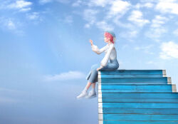 Rule 34 | 1girl, 3d, arm up, blue headwear, blue skirt, blush, chinese commentary, clear sky, cloud, commentary request, day, earrings, highres, jewelry, lips, long hair, nikki (miracle nikki), official art, pink hair, shining nikki, shirt, sitting, sitting on stairs, skirt, sky, smile, solo, stairs, sunlight, suspender skirt, suspenders, white footwear, white shirt