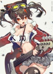 Rule 34 | 1girl, bandaid, bandaid on shoulder, bandeau, bare shoulders, black choker, black hair, black thighhighs, camisole, character request, choker, clothes writing, copyright request, electric guitar, goggles, goggles on head, grey background, grey skirt, guitar, hair between eyes, hair ornament, hairclip, highres, holding, holding instrument, instrument, jacket, long hair, long sleeves, looking at viewer, miniskirt, moriyama meiko, nail polish, off shoulder, open clothes, open jacket, open mouth, plaid, plaid skirt, pleated skirt, red eyes, red jacket, red nails, skirt, solo, thighhighs, twintails