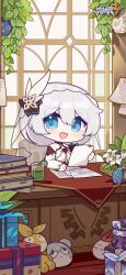 Rule 34 | 1girl, @ (symbol), bare shoulders, blue eyes, box, chair, chibi, copyright name, cup, flower, gift, gift box, hair between eyes, hand on table, highres, holding, holding paper, homu (honkai impact), honkai (series), honkai impact 3rd, indoors, logo, official art, official wallpaper, open mouth, paper, plant, sitting, solo, theresa apocalypse, theresa apocalypse (celestial hymn), vase, white flower, white hair, window