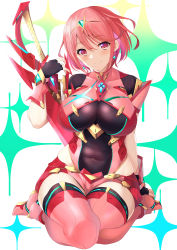 Rule 34 | 1girl, absurdres, aegis sword (xenoblade), black gloves, breasts, chest jewel, daive, earrings, fingerless gloves, gem, gloves, headpiece, highres, jewelry, large breasts, pyra (xenoblade), red eyes, red hair, red shorts, short hair, short shorts, shorts, solo, swept bangs, sword, thighhighs, thighs, tiara, weapon, xenoblade chronicles (series), xenoblade chronicles 2
