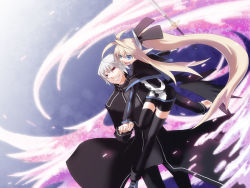 Rule 34 | 1boy, 1girl, ankle boots, antenna hair, black ribbon, black thighhighs, blonde hair, blush, boots, capelet, coat, fang, full body, grin, hair ribbon, hetero, holding, holding hands, kurose, kuze (ira), leg up, looking at viewer, original, outstretched arm, pointy ears, red eyes, ribbon, shorts, smile, sparkle, standing, standing on one leg, teeth, thighhighs, twintails, zettai ryouiki