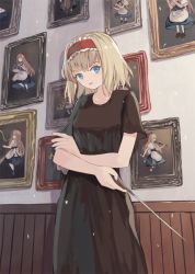 Rule 34 | 1girl, alice margatroid, alternate costume, alternate hair color, apron, back bow, bad id, bad pixiv id, black dress, black footwear, blonde hair, blue dress, blue eyes, bow, breasts, brown footwear, brown hair, capelet, commentary request, doll, drawing (object), dress, drum, faceless, fingernails, flying, frills, grey apron, grey bow, grey capelet, grey footwear, hair between eyes, hairband, hand up, hands up, indoors, instrument, leg up, light brown hair, long hair, looking at viewer, lyre, medium breasts, music, no eyes, no mouth, ookashippo, open mouth, playing instrument, red bow, red hairband, saxophone, shanghai doll, shoes, short hair, short sleeves, smile, solo, standing, standing on one leg, touhou, violin, wall