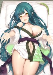 Rule 34 | 1girl, bare shoulders, bed sheet, blush, breasts, cleavage, green hair, highres, japanese clothes, kimono, large breasts, long hair, looking at viewer, loose clothes, lying, mole, mole under eye, navel, no panties, obi, on back, open mouth, pillow, reaching, reaching towards viewer, sash, short kimono, short yukata, smile, solo, touhoku zunko, very long hair, voiceroid, wide sleeves, yappen, yellow eyes, yukata