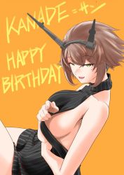 Rule 34 | 10s, 1girl, black dress, breasts, brown hair, clothes pull, collarbone, dress, dress pull, dutch angle, english text, eyebrows, fingernails, green eyes, headgear, kantai collection, kiriki haruomi, large breasts, looking at viewer, mutsu (kancolle), open mouth, orange background, pointing, pointing at viewer, ribbed dress, short hair, sideboob, simple background, solo, striped clothes, striped dress