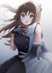 Rule 34 | 1girl, :o, absurdres, aqua eyes, artist name, artist request, back bow, bare shoulders, belt, black dress, black gloves, black skirt, blue eyes, blush, bow, breasts, brown hair, buttons, choker, cleavage, collarbone, dress, drop earrings, earrings, female focus, gloves, grey belt, grey bow, grey skirt, hair between eyes, hair bow, hand on chest, hand on own chest, high ponytail, highres, jewelry, lace, lace gloves, long hair, looking at viewer, love live!, love live! nijigasaki high school idol club, love live! school idol festival, medium breasts, multicolored clothes, necklace, off-shoulder dress, off shoulder, osaka shizuku, parted lips, ponytail, reaching, reaching towards viewer, sidelocks, skirt, sleeveless, sleeveless dress, smile, solitude rain (love live!), solo, two-tone dress, white bow, white dress, white skirt, worried
