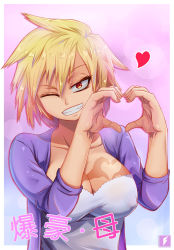 Rule 34 | 10s, 1girl, bakugou mitsuki, blonde hair, boku no hero academia, breasts, cleavage, collarbone, covered erect nipples, eyelashes, fang, heart, heart sign, highres, jacket, large breasts, looking at viewer, mature female, one eye closed, red eyes, short hair, solo, spiked hair, teng zhai zi