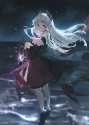Rule 34 | 1girl, absurdres, arknights, black jacket, black skirt, blush, bug, closed mouth, earrings, female focus, from behind, full body, gloves, grey eyes, grey hair, head wings, highres, horizon, insect, irene (arknights), jacket, jewelry, lantern, light particles, long hair, long sleeves, looking at viewer, looking back, moth, multicolored clothes, multicolored skirt, night, night sky, ocean, pantyhose, purple gloves, purple skirt, scar, scar across eye, scar on face, skirt, sky, solo, standing, tuzhate, water, white pantyhose, white skirt, wings