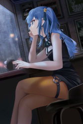 Rule 34 | 1girl, blue eyes, blue hair, brown pantyhose, cup, earrings, from side, hair ornament, hand on own cheek, hand on own face, hololive, hoshimachi suisei, hoshimachi suisei (streetwear), indoors, jewelry, long hair, looking to the side, mujinbensin, o-ring, o-ring thigh strap, orange pantyhose, pantyhose, sitting, sleeveless, star (symbol), star hair ornament, thigh strap, virtual youtuber