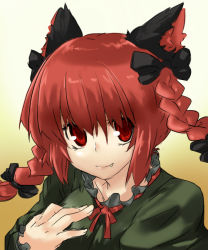 Rule 34 | 1girl, animal ears, bow, braid, cat ears, cat girl, fang, female focus, gradient background, hair between eyes, hair bow, hand on own chest, kaenbyou rin, kaho, kaho (amal135), long hair, looking at viewer, red eyes, red hair, smile, solo, touhou, twin braids, upper body