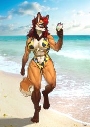 Rule 34 | 1girl, abs, absurdres, animal ears, artist name, beach, black fur, blue eyes, breasts, brown fur, cloud, commission, day, food, full body, furry, furry female, highres, holding food, holding ice cream, ice cream, large breasts, medium hair, muscular, muscular female, navel, ocean, original, outdoors, pgm300, red hair, sand, snout, solo, swimsuit, tail, walking, water, watermark