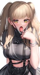 Rule 34 | 1girl, blonde hair, bracelet, breasts, highres, jewelry, large breasts, long hair, looking at viewer, nijisanji, open mouth, piercing, ring, simple background, sister claire, sister claire (9th costume), solo, suraimu (suraimuraimu), tongue, tongue out, tongue piercing, two side up, virtual youtuber, white background, yellow eyes
