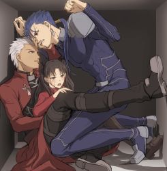 Rule 34 | 1girl, 2boys, angry, annoyed, archer (fate), black bow, black footwear, black hair, black pants, blue bodysuit, blue hair, blush, bodysuit, bow, box, brown legwear, commentary request, cu chulainn (fate), cu chulainn (fate/stay night), dark-skinned male, dark skin, earrings, fang, fate/stay night, fate (series), grey hair, hair bow, highres, in box, in container, jewelry, leg up, long hair, long sleeves, looking at another, mondi hl, multiple boys, open mouth, pants, ponytail, red eyes, red shirt, ribbon, shirt, short hair, sitting, sweatdrop, tohsaka rin, two side up