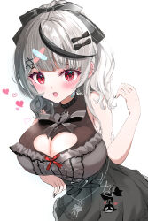 Rule 34 | 1girl, absurdres, ahoge, bandaid, bandaid hair ornament, bandaid on neck, belt, black belt, black bow, black dress, black hair, black nails, blush, bow, breasts, cleavage, cleavage cutout, clothing cutout, dress, drill hair, frilled dress, frills, grey hair, hair bow, hair ornament, heart cutout, highres, hololive, kamineshi, large breasts, looking at viewer, medium hair, multicolored hair, nail polish, necktie, official alternate costume, open mouth, orange eyes, purple necktie, red eyes, sakamata chloe, sakamata chloe (jirai kei), sleeveless, sleeveless dress, smile, solo, streaked hair, twin drills, virtual youtuber, x hair ornament