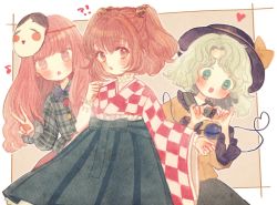 Rule 34 | !?, 3girls, :o, bad id, bad twitter id, beige background, bell, blush, brown eyes, checkered clothes, checkered kimono, chestnut mouth, commentary request, green eyes, green hair, green skirt, hair bell, hair ornament, hat, hat ribbon, hata no kokoro, heart, heart-shaped pupils, heart hands, heart of string, japanese clothes, jingle bell, kimono, long sleeves, looking at viewer, mask, mask on head, motoori kosuzu, multiple girls, musical note, noh mask, open mouth, orange hair, outline, outside border, parted lips, pink eyes, pink hair, plaid, plaid shirt, ribbon, shirt, skirt, symbol-shaped pupils, third eye, touhou, two side up, v, wavy hair, wide sleeves, yellow shirt, yujup