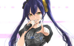 Rule 34 | 1girl, assault lily, black ribbon, black shirt, clothes writing, commentary request, crossed bangs, foreshortening, grin, hair between eyes, hair ribbon, hands up, highres, hishida haru, holding, holding microphone, looking at viewer, microphone, official alternate costume, outstretched arm, parted lips, pink background, pointing, pointing at viewer, print shirt, purple hair, ribbon, shirt, short sleeves, smile, solo, suspenders, twintails, two-tone background, upper body, urutsu sahari, v-shaped eyebrows, white background, yellow eyes, yellow ribbon