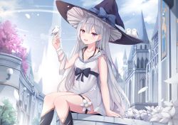 Rule 34 | 1girl, bandaged arm, bandages, breasts, building, cherry blossoms, day, dress, earrings, hat, highres, jewelry, long hair, looking at viewer, medium breasts, open mouth, original, outdoors, petals, purple eyes, silver hair, sleeveless, solo, touhourh, white dress, witch hat