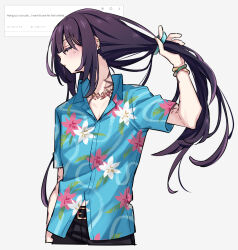 Rule 34 | 1boy, arm tattoo, black hair, black pants, blue shirt, blush, bracelet, closed eyes, closed mouth, collared shirt, commentary request, english text, hand up, highres, hong lu (project moon), jewelry, limbus company, long hair, male focus, neck tattoo, necklace, pants, project moon, shiki (shikki46), shirt, short sleeves, solo, sweat, tattoo, untying hair, very long hair