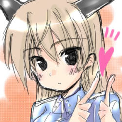 Rule 34 | 00s, 1girl, ^^^, animal ears, beige background, blonde hair, blush, eila ilmatar juutilainen, fox ears, hand gesture, headgear, heart, long hair, looking at viewer, lowres, simple background, solo, strike witches, uniform, world witches series