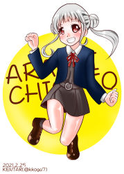 Rule 34 | 1girl, arashi chisato, artist name, artist request, bare legs, belt, black socks, blue cardigan, blue jacket, blush, bow, bowtie, breasts, brown footwear, buttons, cardigan, clenched hands, collared shirt, cropped jacket, double bun, dress, dress shirt, female focus, floating hair, full body, grey belt, grey shirt, grey skirt, hair bun, hair tie, highres, jacket, long hair, long sleeves, looking at viewer, love live!, love live! superstar!!, miniskirt, neck ribbon, o-ring, o-ring belt, parted lips, plaid, plaid skirt, pleated, pleated skirt, red bow, red eyes, red ribbon, ribbon, school uniform, shirt, shoes, skirt, small breasts, smile, socks, solo, teeth, twintails, wavy hair, white background, white hair, white shirt, wing collar, yuigaoka school uniform