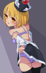 Rule 34 | 1girl, ass, black thighhighs, blonde hair, blush, bra, clothes down, clothes lift, commentary request, cowboy shot, from behind, hat, highres, inon, lifting own clothes, looking at viewer, looking back, lunasa prismriver, open mouth, panties, pleated skirt, purple bra, purple panties, short hair, skirt, skirt lift, solo, strap slip, sweat, thighhighs, touhou, underwear, yellow eyes