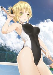Rule 34 | 1girl, aegis (takunomi), armpits, black one-piece swimsuit, blonde hair, blue sky, blush, breasts, broom, cloud, cloudy sky, commentary request, competition swimsuit, covered navel, day, elf, green eyes, half updo, highleg, highleg swimsuit, highres, holding, holding broom, long hair, looking at viewer, medium breasts, one-piece swimsuit, original, outdoors, parted lips, pointy ears, sky, solo, standing, swimsuit, takunomi, wet