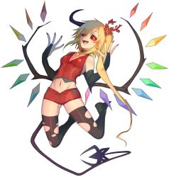 Rule 34 | 1girl, absurdres, adapted costume, alternate costume, arched back, black gloves, black sclera, black thighhighs, blonde hair, breasts, cleavage, colored sclera, crystal, detached collar, elbow gloves, fangs, flandre scarlet, full body, gloves, hair ribbon, hat, hat ribbon, highres, keemoringo, laevatein, leaning back, looking at viewer, midriff, mob cap, nail polish, navel, open mouth, red eyes, ribbon, shirt, short shorts, shorts, side ponytail, simple background, sleeveless, small breasts, smile, solo, thighhighs, torn clothes, torn thighhighs, touhou, unbuttoned, vest, white background, wings