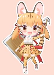 Rule 34 | 1girl, absurdres, animal ears, boots, brown eyes, brown hair, cat ears, cat girl, cat tail, extra ears, highres, kemono friends, kemono friends v project, kneehighs, large-spotted genet (kemono friends), long hair, looking at viewer, microphone, minecraft, pink background, ribbon, shin01571, shirt, simple background, skirt, socks, solo, suspenders, tail, twintails, virtual youtuber