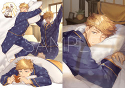 Rule 34 | 1boy, bara, bedroom, blonde hair, blush, cat, closed eyes, full body, granblue fantasy, green eyes, higashigunkan, holding, light, light rays, long sleeves, male focus, multiple views, muscular, hugging object, one eye closed, open mouth, pajamas, pants, pectorals, pillow, pillow hug, sample watermark, smile, sunlight, thought bubble, tight clothes, tight pants, timer, toned, toned male, vane (granblue fantasy), watch, watermark, window, yawning