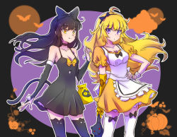 Rule 34 | 2girls, ahoge, bear, black hair, blake belladonna, blonde hair, bow, breasts, cat tail, cleavage, commentary request, fang, goldilocks, goldilocks and the three bears, hair bow, halloween, halloween costume, highres, iesupa, looking at viewer, medium breasts, multiple girls, prosthesis, prosthetic arm, pumpkin, purple eyes, rwby, scrunchie, stuffed animal, stuffed toy, tail, teddy bear, thighhighs, yang xiao long, yellow eyes