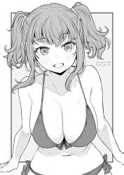 Rule 34 | 1girl, bikini, blush, breasts, collarbone, dated, grey background, greyscale, hair ornament, hair scrunchie, highres, kichihachi, large breasts, looking at viewer, monochrome, open mouth, original, scrunchie, short hair, side-tie bikini bottom, simple background, solo, swimsuit, twintails, twitter username, two-tone background, white background