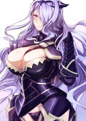 Rule 34 | 1girl, absurdres, armor, black armor, black panties, blush, breasts, camilla (fire emblem), cleavage, fire emblem, fire emblem fates, hair lift, hair ornament, hair over one eye, highres, huge breasts, lips, long hair, looking at viewer, mature female, nintendo, panties, purple eyes, purple hair, smile, solo, tiara, to (tototo tk), underwear, wavy hair, white background