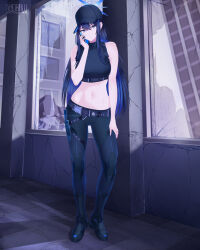 Rule 34 | 1girl, absurdres, baseball cap, belt, black footwear, black hair, black pants, blue archive, blue eyes, blurry, broken glass, building, cellphone, colored inner hair, commentary request, dagger, depth of field, full body, glass, hair between eyes, halo, hat, head tilt, highres, holding, holding phone, indoors, knife, long hair, looking at viewer, multicolored hair, navel, pants, phone, ruins, saori (blue archive), shizudraw, shoes, sidelocks, skyscraper, smartphone, solo, standing, stomach, tall female, two-tone hair, weapon