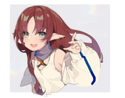 Rule 34 | 1girl, :3, :d, arknights, bare shoulders, collar, cropped torso, earrings, female focus, flat chest, freckles, green eyes, highres, jacket, jewelry, long hair, long sleeves, looking at viewer, miebao, myrtle (arknights), off shoulder, open mouth, parted bangs, pointy ears, puffy sleeves, red hair, shirt, sidelocks, sleeveless, sleeveless shirt, slit pupils, smile, solo, white jacket, white shirt