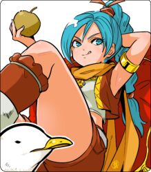 Rule 34 | 1girl, apple, armlet, belt, bird, blue eyes, blue hair, braid, braided ponytail, dragon quest, dragon quest xi, feet out of frame, food, fruit, grin, hair ribbon, high braid, jewelry, konakawa, long hair, looking at viewer, maya (dq11), red vest, ribbon, scarf, seagull, shorts, simple background, single braid, sitting, smile, solo, vest, white background