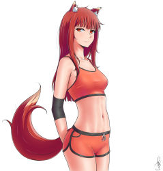 Rule 34 | 1girl, alternate costume, animal ears, arms behind back, breasts, closed mouth, collarbone, crop top, dolphin shorts, elbow pads, holo, j adsen, long hair, looking at viewer, medium breasts, navel, no pupils, orange shorts, red eyes, red hair, short shorts, shorts, sidelocks, signature, simple background, smile, solo, spice and wolf, sports bra, sportswear, stomach, tail, thighs, toned, white background, wolf ears, wolf tail