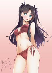 Rule 34 | 1girl, aqua eyes, arms behind back, artist name, bikini, black hair, blush, breasts, contrapposto, cowboy shot, dated, fate/stay night, fate (series), gradient background, highres, long hair, looking at viewer, navel, open mouth, parted bangs, plaid, plaid bikini, red bikini, side-tie bikini bottom, signature, small breasts, smile, solo, standing, swimsuit, tabata hisayuki, tohsaka rin, two side up