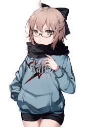 Rule 34 | 1girl, black bow, black scarf, bow, brown eyes, brown hair, closed mouth, copyright name, fate/grand order, fate (series), glasses, grey background, hair bow, hand in pocket, highres, hood, hoodie, lanzero, long sleeves, looking at viewer, okita souji (fate), okita souji (koha-ace), scarf, semi-rimless eyewear, short hair, simple background, solo