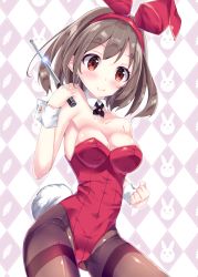 Rule 34 | 1girl, animal ears, armpits, bad anatomy, bare shoulders, baton (weapon), black pantyhose, blush, breasts, brown eyes, brown hair, checkered background, cleavage, clenched hand, contrapposto, cowboy shot, detached collar, expandable baton, fake animal ears, female focus, fukuda shuushi, hairband, highres, holding, holding weapon, large breasts, leotard, looking at viewer, off shoulder, original, pantyhose, playboy bunny, rabbit ears, rabbit tail, short hair, smile, solo, standing, strapless, strapless leotard, tail, weapon, wrist cuffs