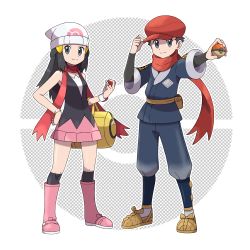 Rule 34 | 1boy, 1girl, asatsuki (fgfff), bag, beanie, black hair, blouse, boots, bracelet, closed mouth, commentary request, creatures (company), dawn (pokemon), dress, duffel bag, eyelashes, game freak, grey eyes, hand on headwear, hand on own hip, hat, highres, holding, holding poke ball, jewelry, nintendo, outline, over-kneehighs, pink footwear, poke ball, poke ball (basic), poke ball (legends), pokemon, pokemon dppt, pokemon legends: arceus, red headwear, red scarf, rei (pokemon), scarf, shirt, short dress, short hair, sleeveless, sleeveless shirt, smile, socks, standing, thighhighs, white headwear, white shirt, yellow bag