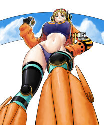 Rule 34 | 1girl, blonde hair, blue sky, breasts, burger, curvy, eating, food, foreshortening, hand on own hip, holding, holding food, iury padilha, jacket, looking at viewer, low angle, navel, one piece, revealing clothes, shiny skin, sky, solo, standing, stomach, tall female, thong, twintails, vegapunk york, wide hips