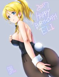 Rule 34 | 1girl, ass, ayase eli, bare shoulders, black leotard, black pantyhose, blonde hair, blue background, blue eyes, blush, bow, bowtie, breasts, covering ass, covering one breast, covering privates, dated, detached collar, fishnets, from behind, hands on own chest, happy birthday, kamogawa tanuki, large breasts, leotard, long hair, looking at viewer, looking back, love live!, love live! school idol project, open mouth, pantyhose, playboy bunny, ponytail, rabbit girl, rabbit tail, revision, scrunchie, shiny skin, shoulder blades, simple background, solo, standing, tail, teeth, text focus, wrist cuffs