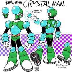 Rule 34 | 1boy, aqua gemstone, ariga hitoshi, armor, arrow (symbol), artist name, belt, black bodysuit, black eyes, blue background, bodysuit, boots, character name, character sheet, checkered background, chest jewel, clenched hands, commentary request, concept art, crystal man, english text, forehead jewel, from behind, full body, gloves, gradient background, green armor, helmet, highres, industrial pipe, joints, knee boots, looking ahead, looking to the side, male focus, mechanical parts, mega man (classic), mega man (series), mega man 5, mega man megamix, multiple views, no humans, no mouth, portrait, purple background, red belt, robot, robot ears, robot joints, scanlines, screw, shoe soles, simple background, standing, turnaround, white background, white gloves