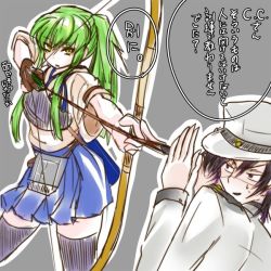 Rule 34 | 1boy, 1girl, admiral (kancolle), admiral (kancolle) (cosplay), aiming, archery, arrow (projectile), black thighhighs, bow (weapon), c.c., code geass, cosplay, covering face, creayus, gloves, green hair, grey background, hakama, hakama short skirt, hakama skirt, hat, japanese clothes, kaga (kancolle), kaga (kancolle) (cosplay), kantai collection, kyuudou, lelouch vi britannia, long hair, military, military uniform, muneate, naval uniform, partially fingerless gloves, partly fingerless gloves, peaked cap, side ponytail, simple background, skirt, speech bubble, talking, text focus, thighhighs, translation request, uniform, upper body, weapon, yellow eyes, yugake