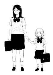 Rule 34 | 2girls, arm at side, bag, blouse, bow, briefcase, closed mouth, full body, girls und panzer, greyscale, hair between eyes, height difference, highres, holding, holding bag, holding hands, katyusha (girls und panzer), light smile, long hair, monochrome, multiple girls, nonna (girls und panzer), onsen tamago (hs egg), parted bangs, pleated skirt, sailor collar, school bag, school briefcase, school uniform, serafuku, shirt, shoes, short hair, short sleeves, simple background, skirt, socks, standing, white background