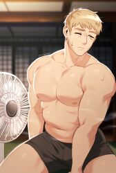 Rule 34 | 1boy, architecture, artist name, bara, biceps, blonde hair, blurry, blurry background, dungeon meshi, east asian architecture, highres, laios touden, large pectorals, male focus, male underwear, mature male, muscular, muscular male, nifast (greentail), nipples, no pants, one eye closed, pectorals, short hair, signature, solo, spiked hair, sweat, sweatdrop, thick arms, topless male, underwear, yellow eyes